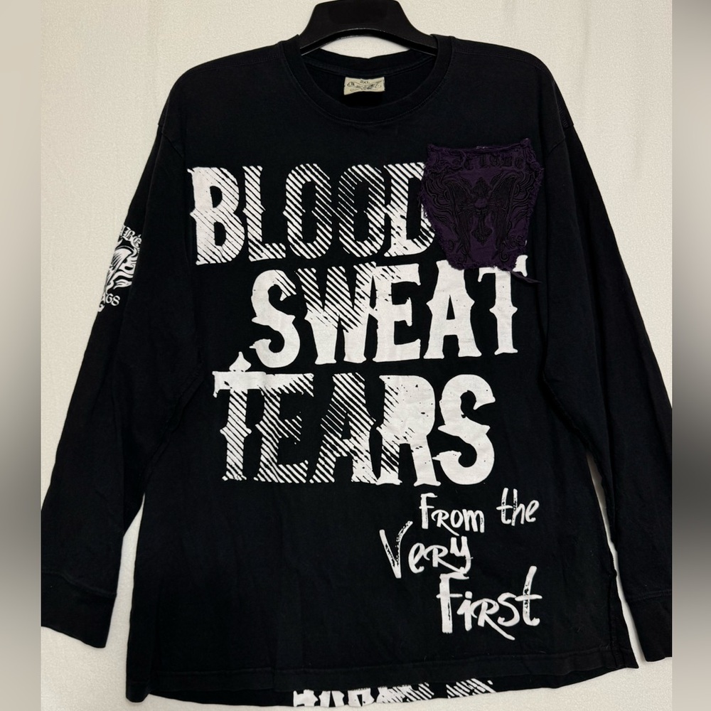 Black Label Men’s Long Sleeve Shirt Y2K Patch Style Black Purple Size 3XL